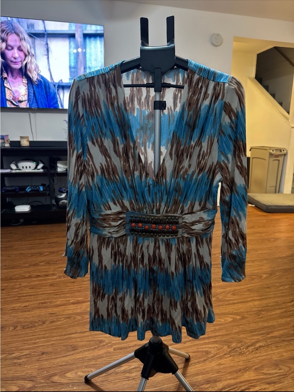 Boston Proper Blue and Brown Patterned V-Neck Top with Embellishment